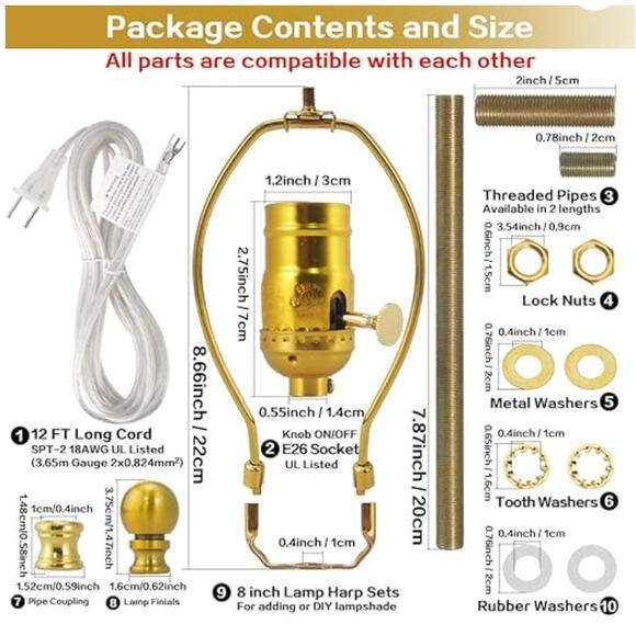 DIY Lamp Making Rewire Kit, Make a Lamp, Repair Kits for Lamps- Antique Gold - Picture 3 of 4